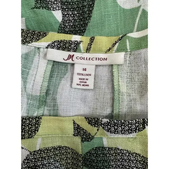 Sz 14 JM Collection 100% Linen Floral Green Black Leaves Midi Flared Skirt - Picture 3 of 4